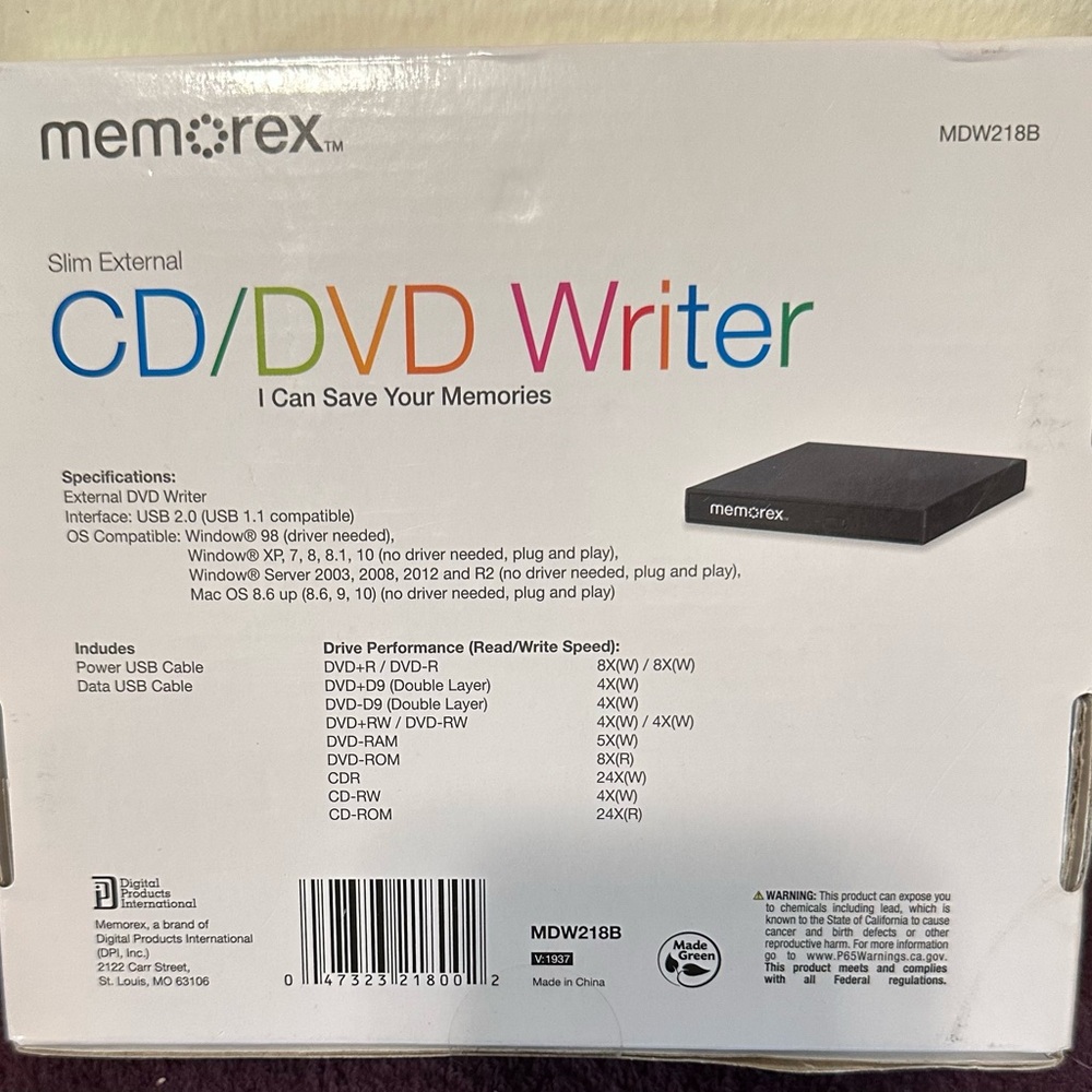 MEMOREX MDW218B Slim External CD/DVD Writer. DVD 8X CDR 24X USB Powered Burner - Picture 2 of 2